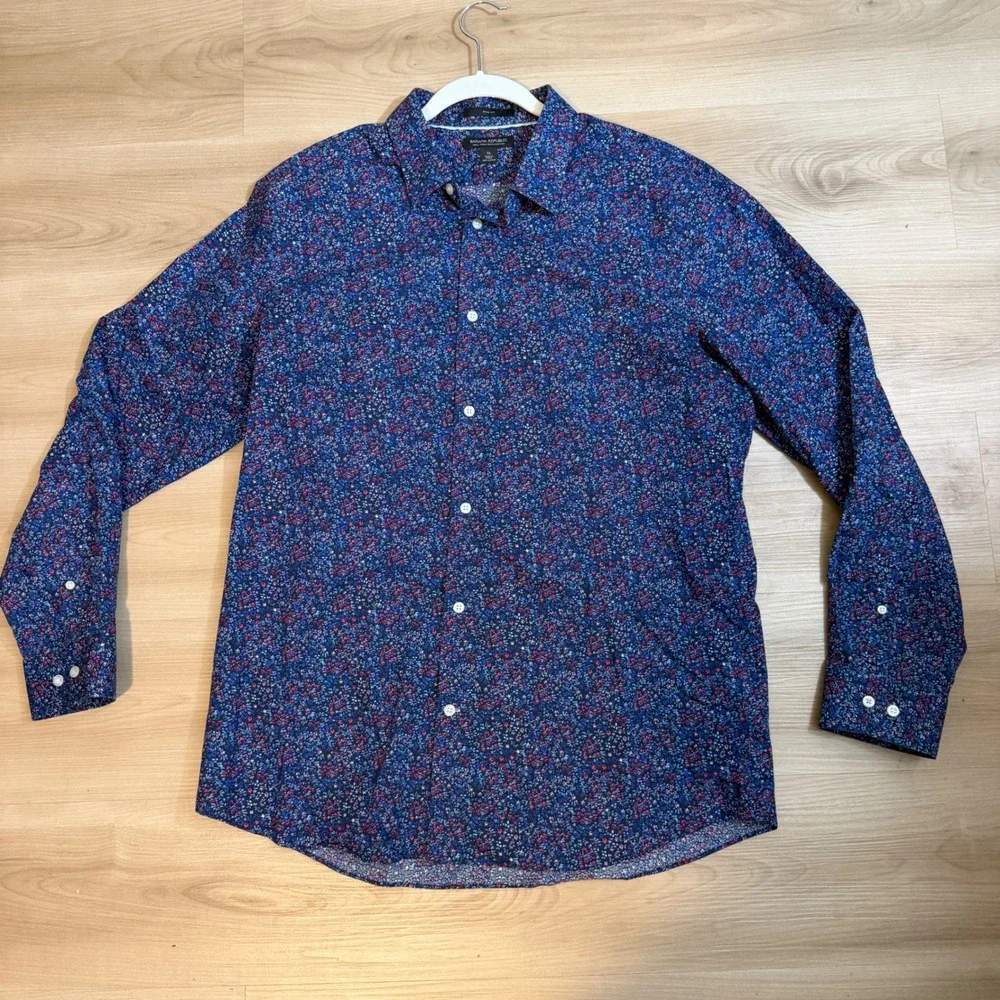 Banana Republic Button Front Shirt Mens XL Blue Floral‎ Slim Fit Non Iron LS